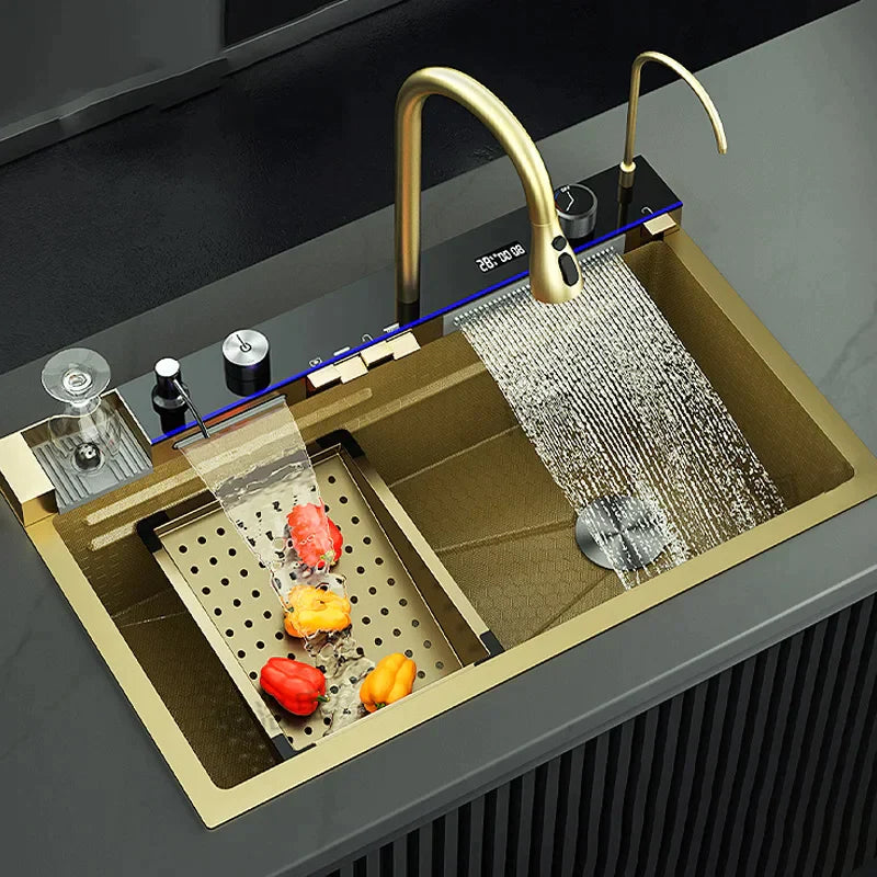 Golden Stainless Steel Double Waterfall Kitchen Sink with Digital Display