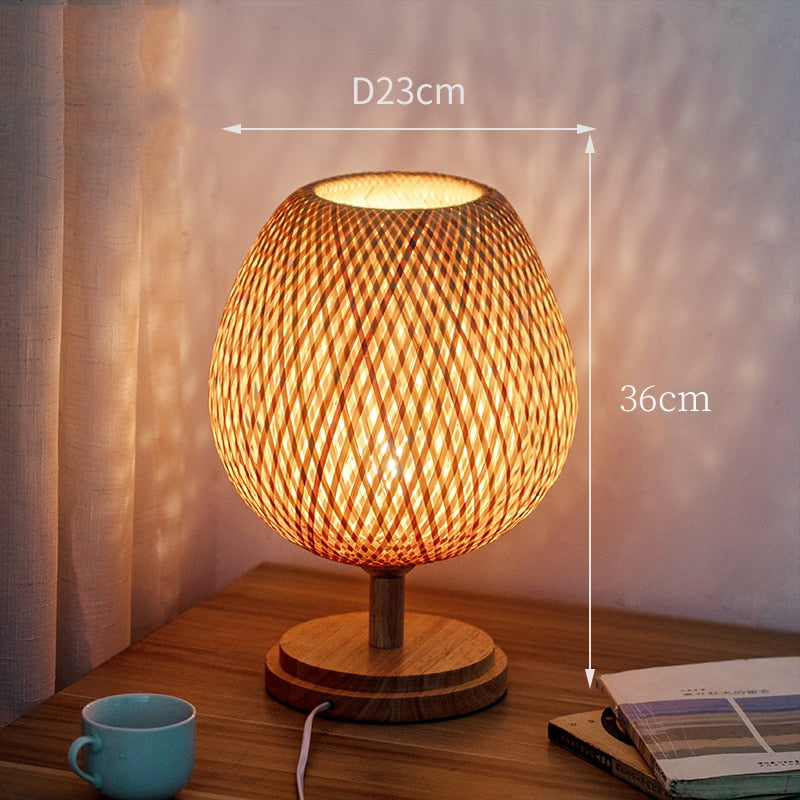 Chinese Bamboo Bedside Table Lamp | Knitted Weaving Design