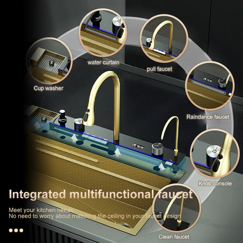 Golden Stainless Steel Double Waterfall Kitchen Sink with Digital Display 