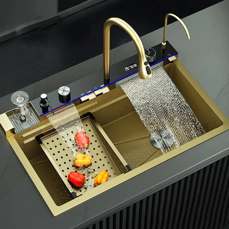 Golden Stainless Steel Double Waterfall Kitchen Sink with Digital Display 