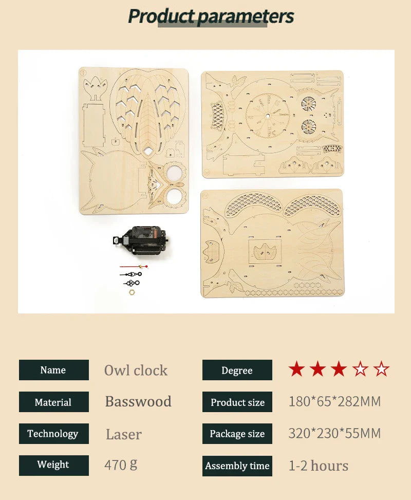 DIY Owl Clock Kit | Laser-Cut Wood, Mechanical Puzzle